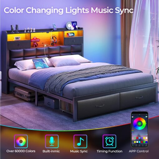 Rolanstar Bed Frame Full Size with Drawers and Charging Station, Upholstered Platform Bed with Storage Headboard and LED Light, Heavy Duty Metal Frame Support, No Box Spring Needed, Noise Free, Black - Image 5