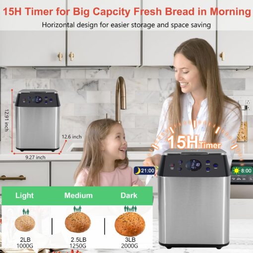 3LB Larger & 20-in-1 Ultra Quiet Bread Maker Machine, 710W Die-Cast Ceramic Pan Bread Machine with Dual Heaters, Stainless steel Breadmaker with Auto Fruit Dispenser & 2 Custom Menus,Extra 2 Paddles - Image 4