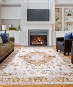 Amearea Vintage Design Area Rugs for Living Room, 8x10 Machine Washable Floral Collection Traditional Bedroom Rug, Low Pile Cute Kids Room Print Carpet, No Slip Office Kitchen Home Decor, Gold