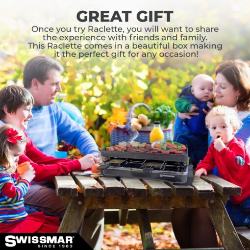 Swissmar Classic 8-Person Raclette Party Grill - Indoor Electric Grill & Griller with Reversible Cast Iron Grill Plate/Crepe Top - Anthracite Black - Image 3