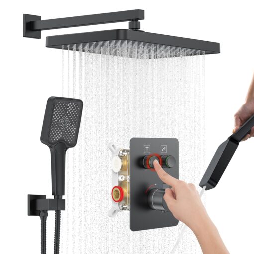 Thermostatic Shower System 13-Inch Rainfall Shower Head - 3 Setting Handheld Sprayer, Complete Bathroom Set with Faucet Mixer Trim Kit & Valve Matte Black