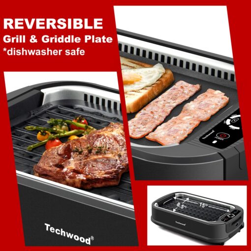 Indoor Grill, Techwood 1500W Smokeless Electric Grill with 2 in1 Nonstick Grill/Griddle Plates, Portable Korean BBQ Grill with 6-Level Control, Glass Lid, Dishwasher Safe, Double Plates, Black - Image 7