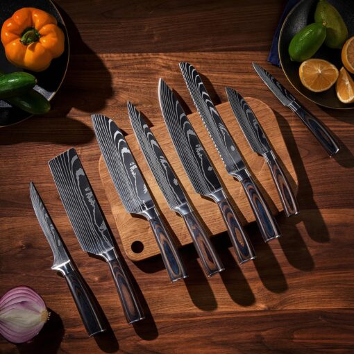 SENKEN 16-Piece Acacia Wood Knife Block Set with Laser Damascus Pattern - Includes Steak Knives, Kitchen Shears, Chef's Knife, Santoku, Cleaver & More - Image 8