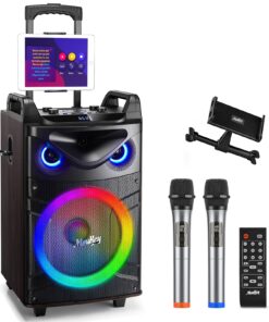 Moukey Karaoke Machine, Wood Pattern 10" Woofer Portable PA System, Bluetooth Speaker with 2 Wireless Microphones, Tablet Holder & Party Lights, Echo/Treble/Bass Adjustment Support REC/AUX/USB/TF