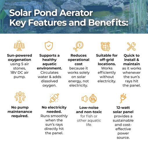Solariver - 12-Watt Solar Aerator Kit with 5 Air Stones, Sun-Powered, Easy-to-Install & Maintenance-Free Outdoor Aerator for Fish Ponds, Water Trough, Koi Pond, Aquaculture, Hydroponics & More - Image 6