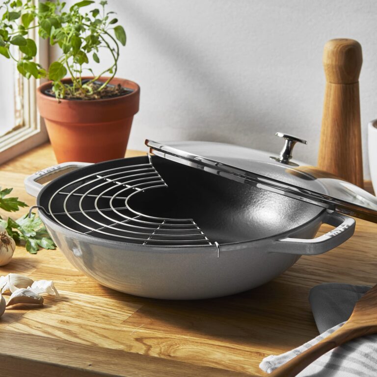 Staub Cast Iron Perfect Pan, Wok, Dutch Oven, 4.5-quart, serves 4-5, Made in France, White Truffle - Image 3
