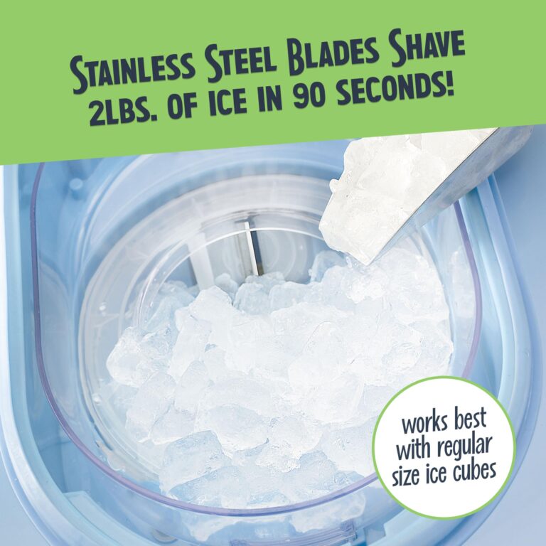 Nostalgia Snow Cone Shaved Ice Machine - Retro Cart Slushie Machine Makes 72 Icy Treats - Includes Metal Scoop, 2 Syrup Bottles, 100 Paper Cups/Spoons, Storage Compartment, Wheels - Blue, 54" Tall - Image 5