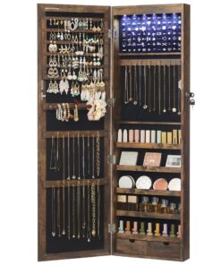 SONGMICS 6 LEDs Mirror Jewelry Cabinet, 47.2-Inch Tall Lockable Wall or Door Mounted Jewelry Armoire Organizer with Mirror, 2 Drawers, 3.9 x 14.6 x 47.2 Inches, Rustic Brown UJJC93CB