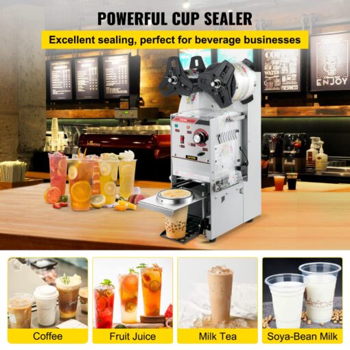 VEVOR Semi-automatic Cup Sealing Machine, 300-500 Cup/h Tea Cup Sealer Machine, Silver Boba Cup Sealer Machine, 90/95mm Cup Diameter Boba Cup Sealing Machine with Control Panel for Bubble Milk Tea - Image 9