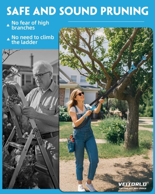 VEITORLD 2-IN-1 Cordless Electric Pole Pruning Shears, 15ft Reach, 1.2" Cutting Diameter, Battery Powered with 2x 2000mAh, Brushless Motor for Efficient Garden Tree Trimming, Branch Cutting（Blue） - Image 6
