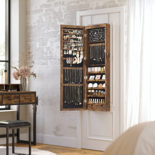 SONGMICS 6 LEDs Mirror Jewelry Cabinet, 47.2-Inch Tall Lockable Wall or Door Mounted Jewelry Armoire Organizer with Mirror, 2 Drawers, 3.9 x 14.6 x 47.2 Inches, Rustic Brown UJJC93CB - Image 3