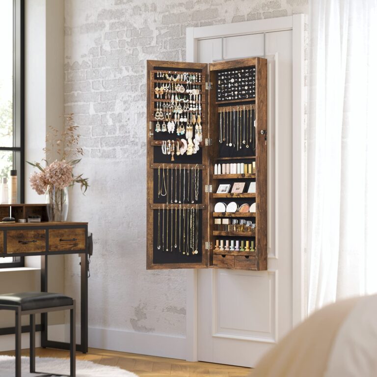 SONGMICS 6 LEDs Mirror Jewelry Cabinet, 47.2-Inch Tall Lockable Wall or Door Mounted Jewelry Armoire Organizer with Mirror, 2 Drawers, 3.9 x 14.6 x 47.2 Inches, Rustic Brown UJJC93CB - Image 3