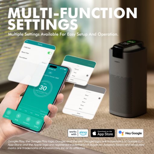 MORENTO Air Purifiers for Home Large Room Up to 2050 Ft² with PM 2.5 Air Quality Sensor, Smart WiFi and Sleep Mode, Hepa Filters Filter Airborne Particles, Handheld Home Air Purifier - Grey +1Pack - Image 3