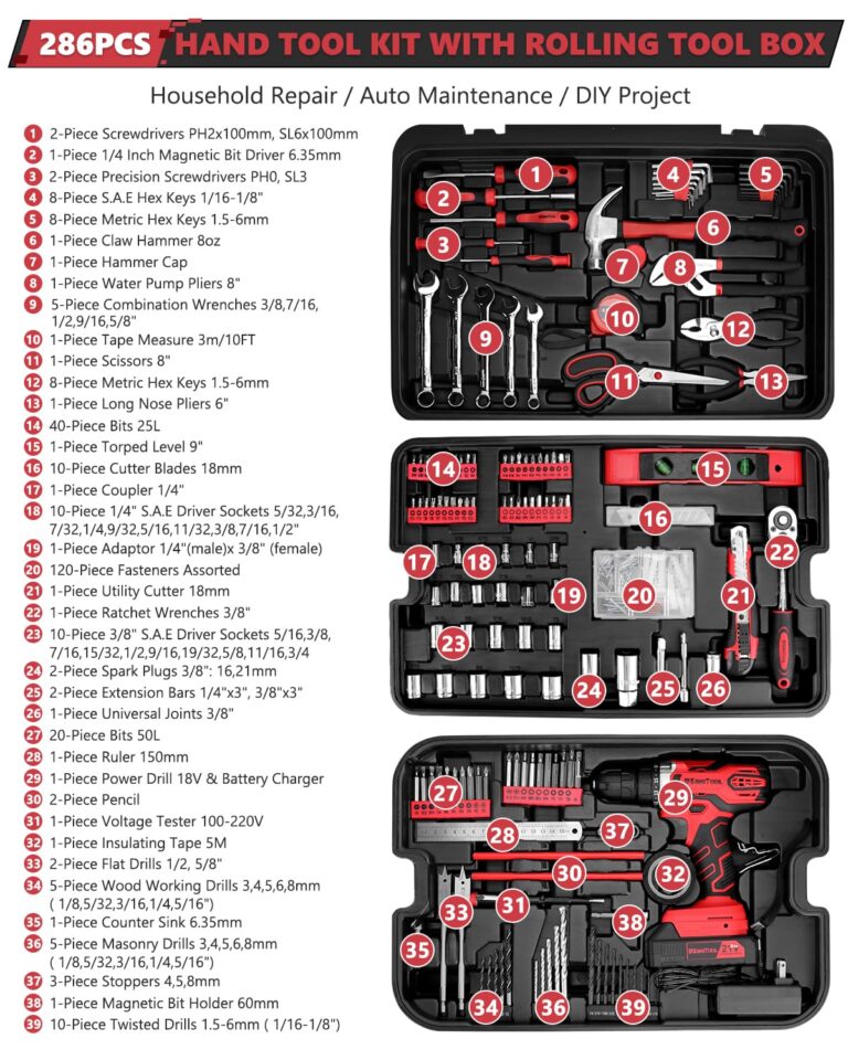 KINGTOOL Home Tool Set Kit - 286 PCS Home Auto Repair Tool Kit with Rolling Tool Box, Mechanic Tool Sets with 21V Max Cordless Power drill, Perfect for Homeowner, Diyer, Handyman - Image 8
