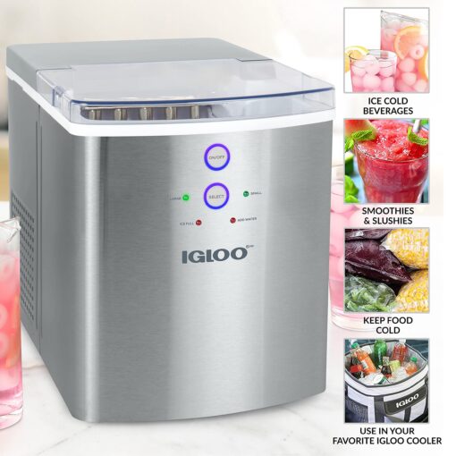 Igloo ICEB33SS Large-Capacity Stainless Steel Automatic Portable Electric Countertop Ice Maker Machine, 33 Pounds in 24 Hours, 9 Cubes Ready in 7 minutes, With Scoop and Basket - Image 2