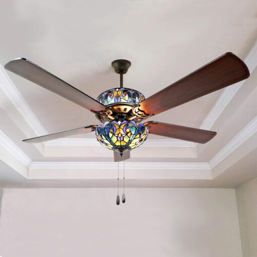 RIVER OF GOODS 52 Inch LED Stained Glass Ceiling Fan With Remote - Double-Lit Ceiling Fans With Lights - Unique Lighting & Ceiling Fans - Charming Antique Ceiling Fan Light Fixture - Halston - Blue - Image 4