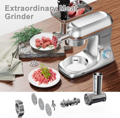 Vospeed 9 IN 1 Stand Mixer, 850W Tilt-Head Multifunctional Electric Mixer with 8 QT Stainless Steel Bowl, 1.5L Glass Jar, Meat Grinder, Hook, Whisk, Beater Dishwasher Safe (Silver) - Image 6