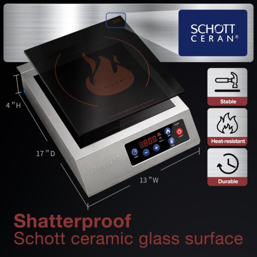 ChangBERT Portable Induction Cooktop 1800W NSF Certified Commercial Range Powerful Countertop Burner Pro Chef Professional Hot Plate 18/10 Stainless Steel Housing Schott Glass 10 Hours Timer - Image 5