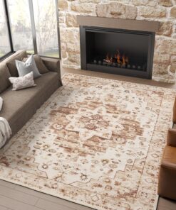 jinchan Area Rug 8x10 Washable Vintage Rug Indoor Floor Print Distressed Carpet Brown Multi Large Accent Soft Kitchen Living Room Bedroom Dining Room