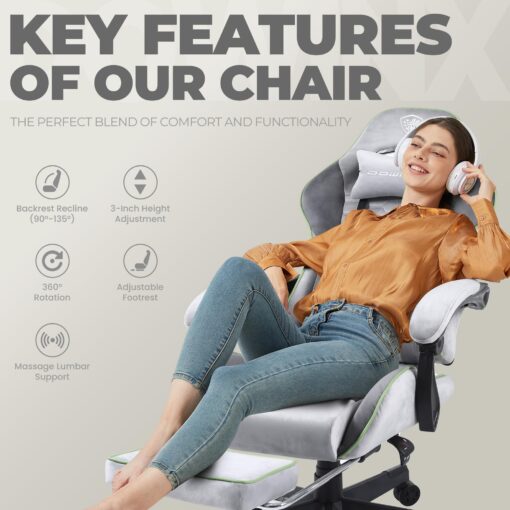 Dowinx Gaming Chair Fabric with Pocket Spring Cushion, Massage Game Chair Cloth with Headrest, Ergonomic Computer Chair with Footrest 290LBS, Light Grey - Image 4