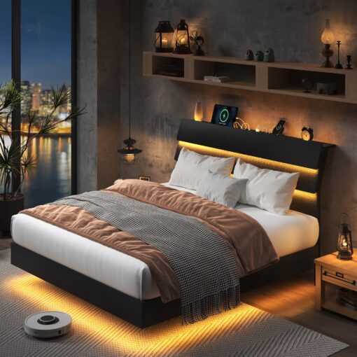 Feonase Floating Bed Frame Full with Led Lights and Charging Station, Wood Full Size Bed Frame with Storage Headboard, Heavy Duty Metal Slats, No Box Spring Needed, Easy Assembly, Noise-Free, Black - Image 2