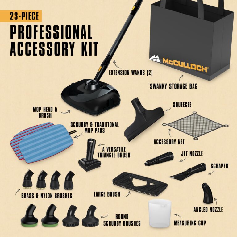 McCulloch MC1385 Deluxe Canister Steam Cleaner, 2-Hour Runtime, Chemical-Free, 23 Accessories: Mop Head, Brushes & More - Built for Home, Tile, Carpet, Furniture, Car Detailing & Commercial Cleaning - Image 4