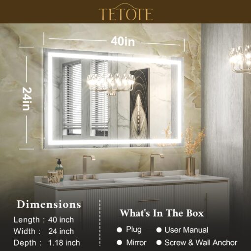 TETOTE 40 x 24 LED Bathroom Mirror LED Mirror Vanity Makeup Mirror Dimmable Anti-Fog Bathroom Lighted Mirror Wall Mounted Bathroom Decor Waterproof, Tempered Glass - Image 5