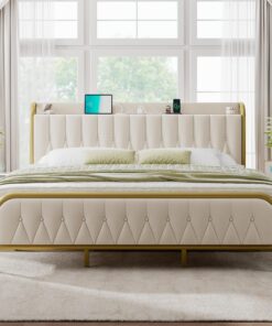 Feonase Velvet King Size Bed Frame with Fast Charging Station,Metal Platform King Beds with Upholstered Headboard & Footboard,12" Underbed Storage Space,Easy Assembly,Noise-Free,Beige