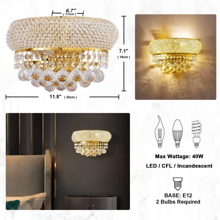 BEIRIO 2-Lights Golden Finish Classic Empire Style K9 Crystal Ball Wall Sconce Light for Living Room Foyer Dining Room Hallway Bedroom (12×6 inch) New Packaging Easy to Install - Image 8