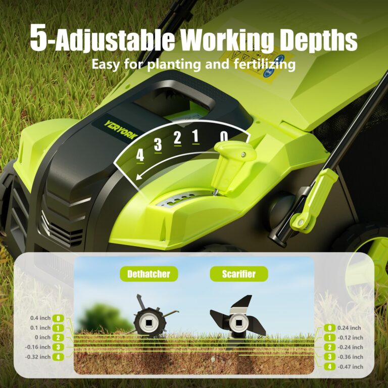 16-Inch Electric Dethatcher and Scarifier, YERYORK 2-in-1 Lawn Dethatcher with Powerful 15 AMP Motor 14.5Gal Collection Bag 5-Position Depth Foldable Handle for Lawns & Garden (Green) - Image 4