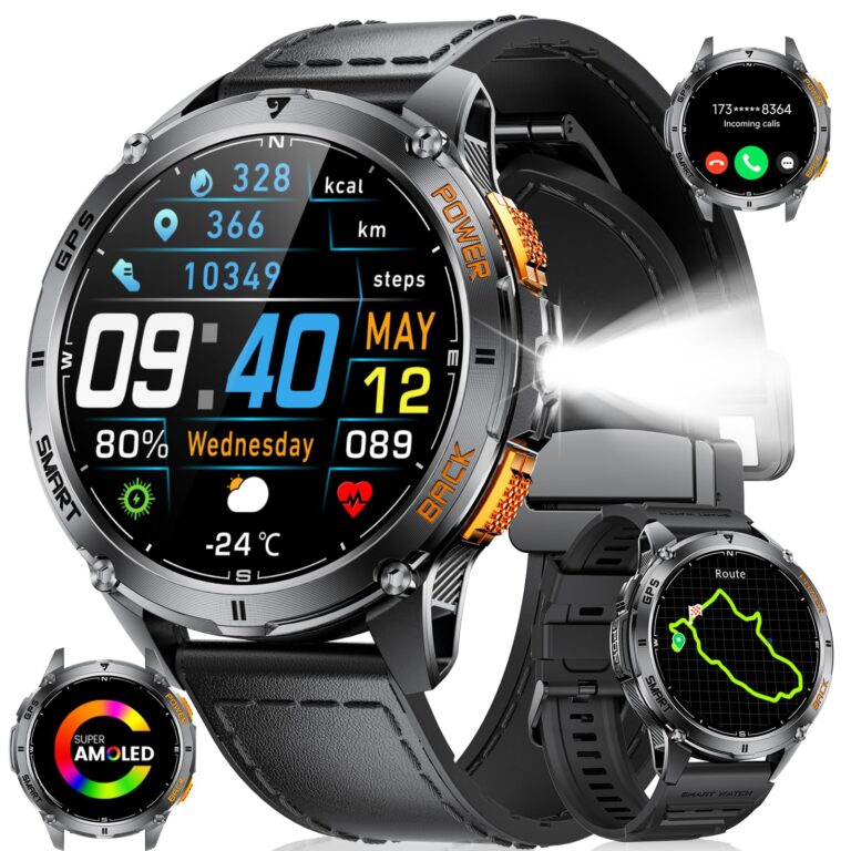 LIGE GPS Smart Watch for Men, Compass/LED Flashlight/6 Satellite Positioning/1.43" AMOLED Smartwatch, 100+ Sports Mode Fitness Tracker Watch for Android iOS, IP68 Waterproof Watch for Swimming