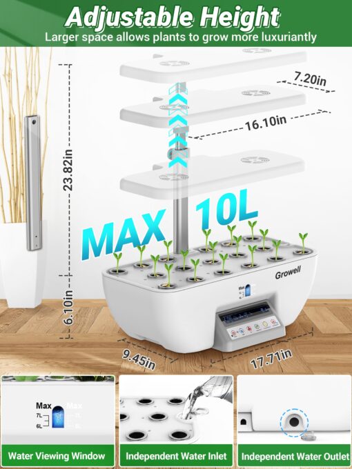 Hydroponics Growing System Kit, 17 Pods Herb Garden with 102 28W Full-Spectrum Grow Lights & 2 Fans, Indoor Garden with Water Pump, 10L Water Tank, Auto Timer, Height Adjustable (White & Grey) - Image 5