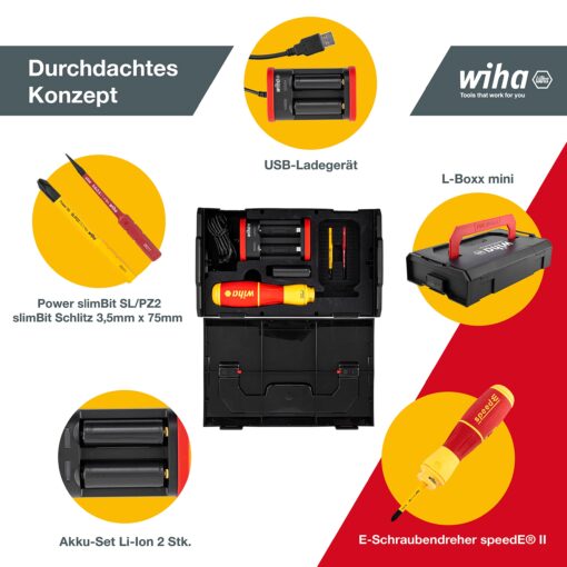 Wiha SpeedE® II Electric Screwdriver (44318) 7-Piece (SlimBits, Batteries, USB Charging Cable, L-Boxx Mini), Torque 0.4 nm + 1 nm LED Light - Image 6