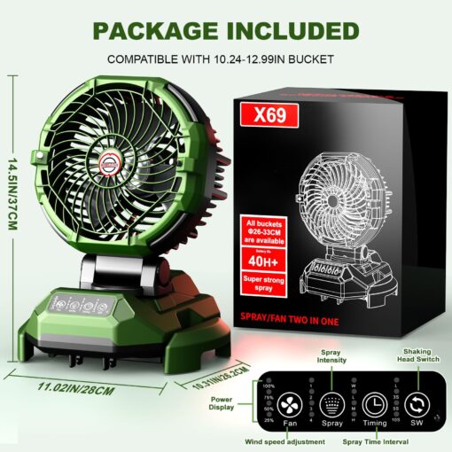 Veubew Portable Misting Fan,30000mAh Rechargeable Battery Powered,4 Strong Winds&4 Spray Mister,Floor Cooling Fan for Outdoor,Camping,Patios,Adjustable Base for 10-13in Bucket(No Bucket Included) - Image 3