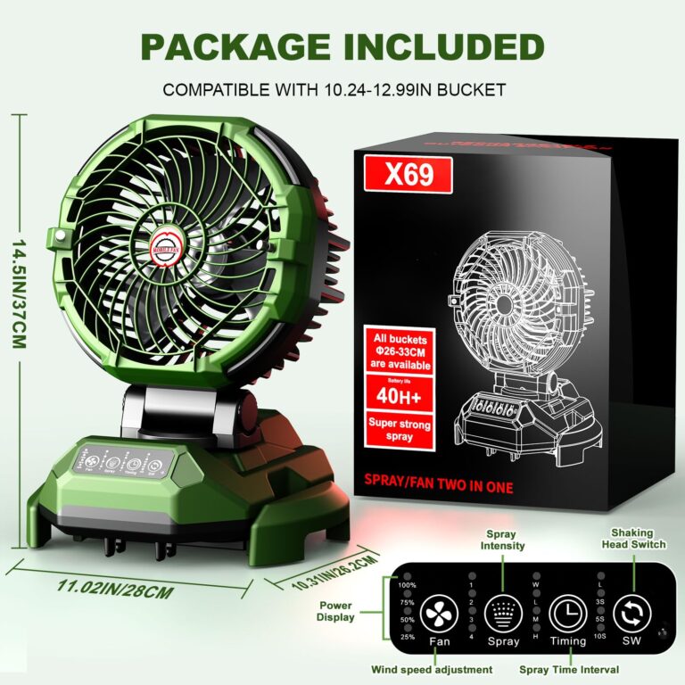 Veubew Portable Misting Fan,30000mAh Rechargeable Battery Powered,4 Strong Winds&4 Spray Mister,Floor Cooling Fan for Outdoor,Camping,Patios,Adjustable Base for 10-13in Bucket(No Bucket Included) - Image 3