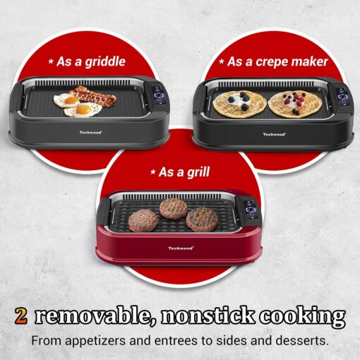 Indoor Smokeless Grill, Techwood 1500W Electric Indoor Grill with Tempered Glass Lid, Portable Non-stick BBQ Korean Grill, Turbo Smoke Extractor Technology, Drip Tray& Double Removable Plate, Black - Image 6