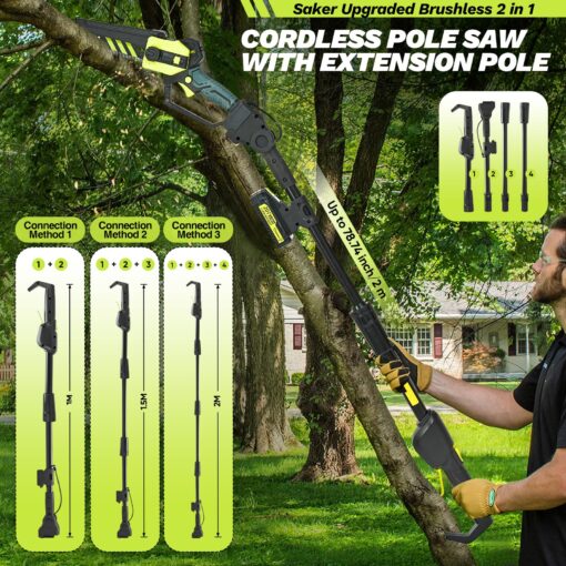 Saker Cordless Pole Saw and Mini Chainsaw,2-IN-1 Pole Chainsaw,Brushless Electric Pole Saw Battery Powered 6 Inch Chainsaw, 78.74 Inch Max Reach Tree Trimmer Pole Saw(1 Battery) - Image 5