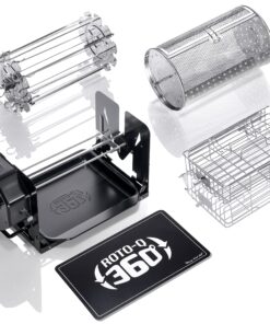 ROTO-Q 360 Family Bundle Rotisserie Kit - Non-Electric Wind-Up Spit Roaster with Rotisserie Basket, Flat Cage, Skewer Set, and Cooking Mat for Grills, Ovens, and Smokers - Indoor & Outdoor BBQ Use