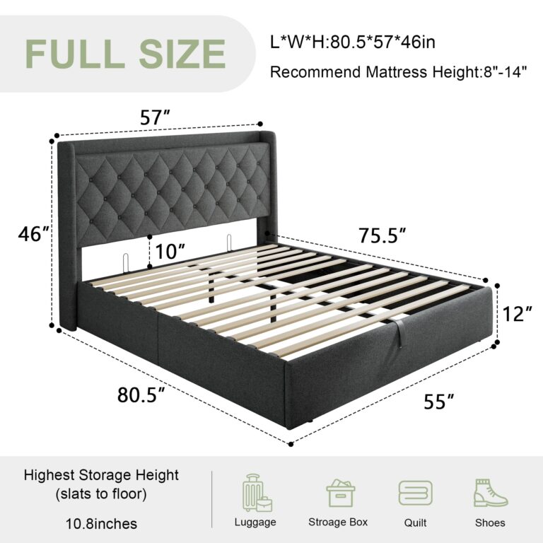 Feonase Full Size Lift Up Storage Bed Frame with Charging Station, Button Tufted Headboard Platform Bed Frame with Hydraulic Storage, Wooden Slat Support, No Box Spring Needed, Noise-Free, Dark Gray - Image 7