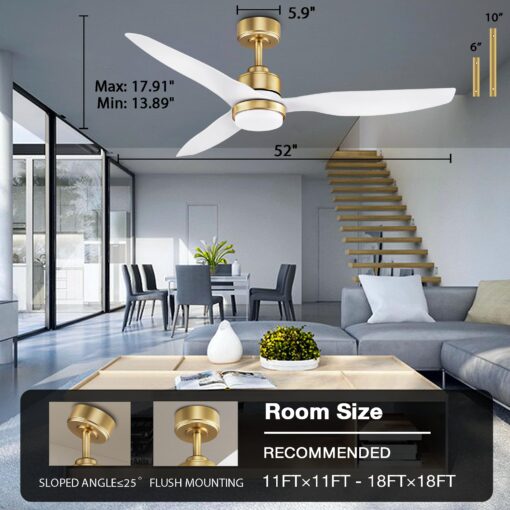 52 Inch Smart Ceiling Fans with Lights and Remote,Dimmable LED Light,Outdoor Indoor Gold White Ceiling Fan,Quiet DC Motor,High CFM 6 Speed,WIFI Alexa App Workable,for Bedroom Living Room Patio - Image 2