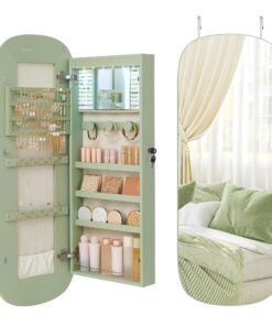 SONGMICS Jewelry Organizer, LED Jewelry Cabinet Wall or Door Mounted, Lockable Rounded Wide Mirror with Storage, Interior Mirror, 3.9 x 16.5 x 42.5 Inches, Laurel Green Surface with Cream White Lining