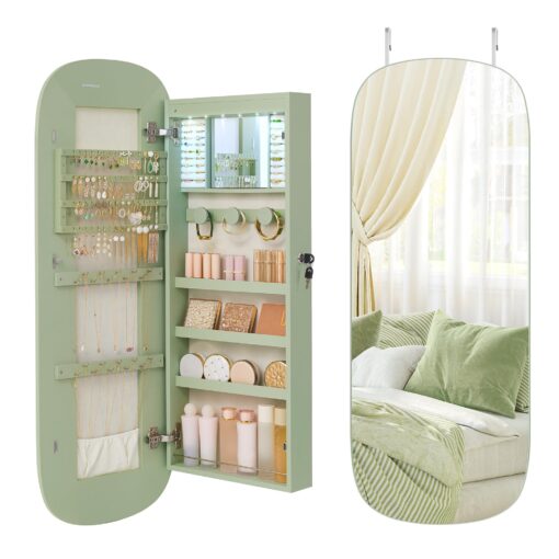 SONGMICS Jewelry Organizer, LED Jewelry Cabinet Wall or Door Mounted, Lockable Rounded Wide Mirror with Storage, Interior Mirror, 3.9 x 16.5 x 42.5 Inches, Laurel Green Surface with Cream White Lining
