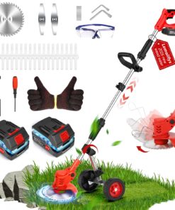 Electric Weed Wacker Cordless with Wheels, Weed Eater Battery Powered 2000mAh 21V, 3 in 1 Lightweight Grass Trimmer String Trimmer Brush Cutter Mower, Stringless Weed Trimmer Edger W/Blade 2 Battery