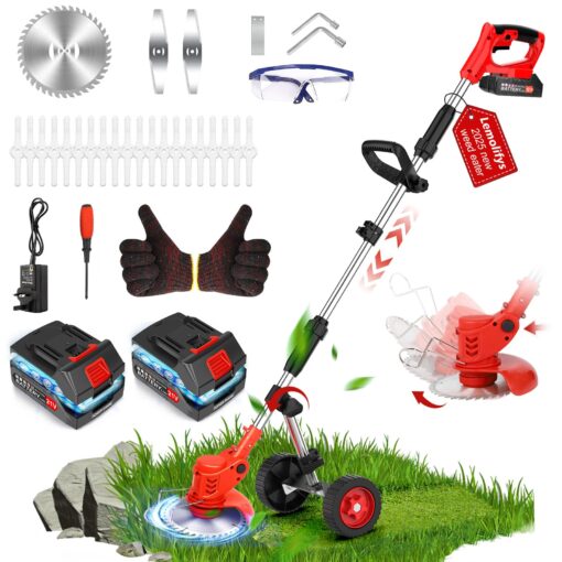 Electric Weed Wacker Cordless with Wheels, Weed Eater Battery Powered 2000mAh 21V, 3 in 1 Lightweight Grass Trimmer String Trimmer Brush Cutter Mower, Stringless Weed Trimmer Edger W/Blade 2 Battery