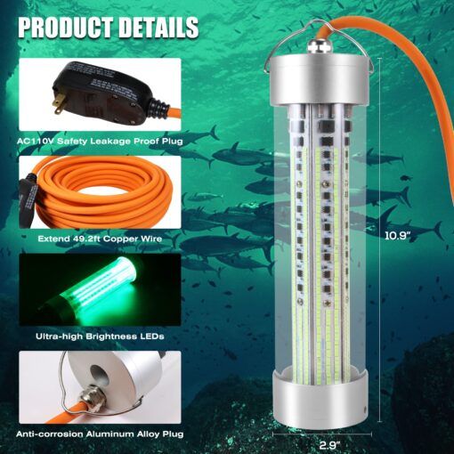 HUSUKU FS3-1 LED Underwater Fishing Light - AC110V 800W 80,000LM with 50ft Cord Green Night Fishing Finder, Fish Attractor, IP68 Led Submersible Lamp for Dock, Crappie, Snook, Squid, Shad, Shrimp - Image 2