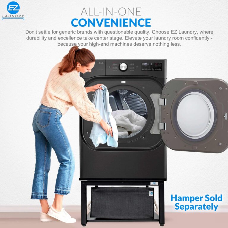 EZ Laundry | Upgraded 28” Universal Pedestal – 700lbs Capacity, Raises 16” with Built-in Drain Pan + Hose, Adjustable Feet, Anti-Vibration & Storage Shelf fits 27" or 28" Washer & Dryer (Black) - Image 8