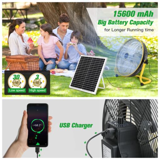 blessny 16" Large Solar Rechargeable Floor Fan, 15600 mAh 20W Solar Powered Portable Battery Fan for Home Outdoor Camping Gazebo Chicken Coop Greenhouse Barn, with 360° Adjust Tilt - Image 5