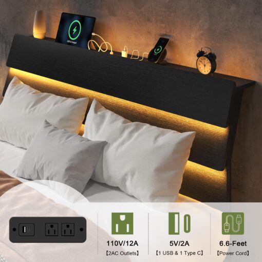 Feonase Floating Bed Frame Full with Led Lights and Charging Station, Wood Full Size Bed Frame with Storage Headboard, Heavy Duty Metal Slats, No Box Spring Needed, Easy Assembly, Noise-Free, Black - Image 6