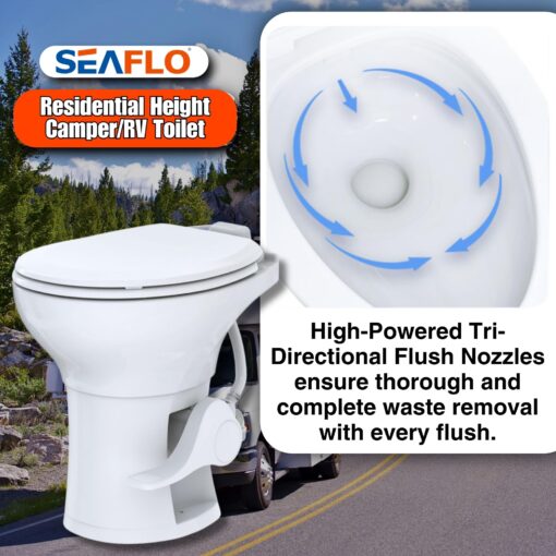 SEAFLO Residential Height Camper/RV Toilet with Elongated Ceramic Bowl, 19” Standard Height, Gravity Flush System, Foot Pedal Operation, Soft Close Seat, 4-Year Warranty - Image 5