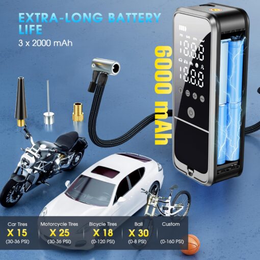 KZKB Tire Inflator Portable Air Compressor, 160 PSI Air Pump for Car Tires with Digital Pressure Gauge, Electric Bike Pump with LED Light Portable Tire Inflator for Car, Motorcycle, Bike, Ball - Image 5